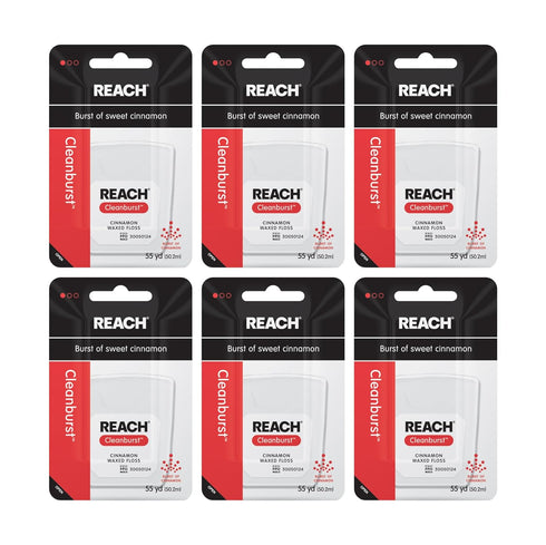 REACH Waxed Dental Floss, Cinnamon, 6 Pack, 55 yd, Shred Resistant for Deep Cleaning Teeth