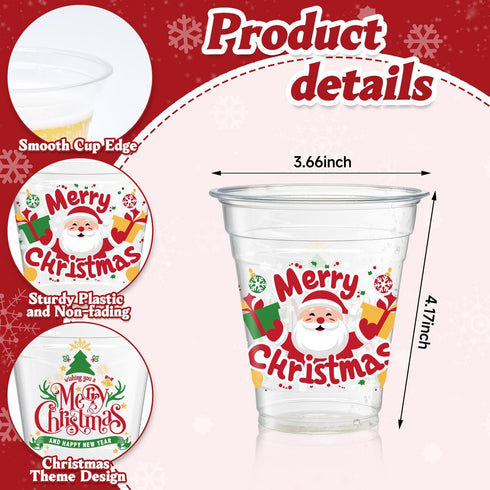 Jhfinely 50 12 oz Pcs Christmas Party Cups, Merry Christmas Clear Plastic Cups, Santa Claus Disposable Drinking Cup