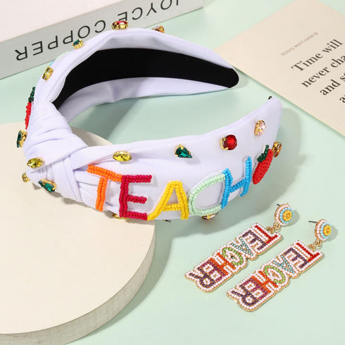 Teacher Headbands for Women, Beaded Pencil Knotted Headband, Crystal Rhinestone Hair Accessories