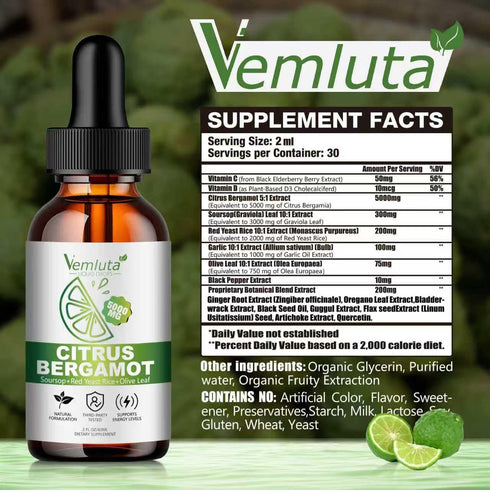 Vemluta 2 Packs 5000mg Drops-2X Immune Citrus Bergamot Liquid Absorption- Cholesterol Lowering Supplement w Soursop
