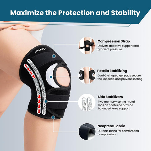 JOMVD Knee Brace for Knee Pain Relief, Adjustable Knee Support with Side Stabilizers for Meniscus Tear, Arthritis, ACL