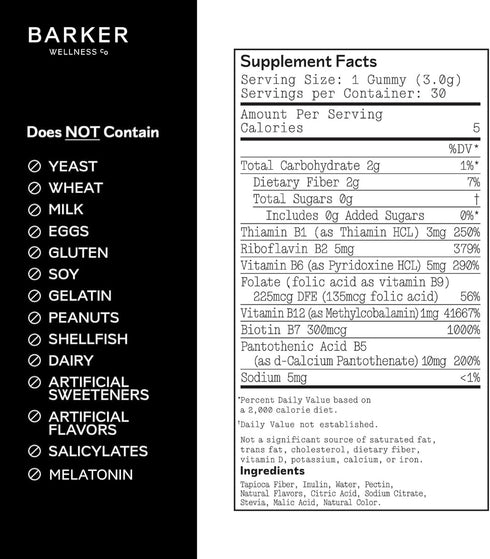Gummies B1, B5, B6, B7 B9 B12 Barker Wellness Vegan B-Complex Comprehensive Energy & Metabolism Boost with Biotin