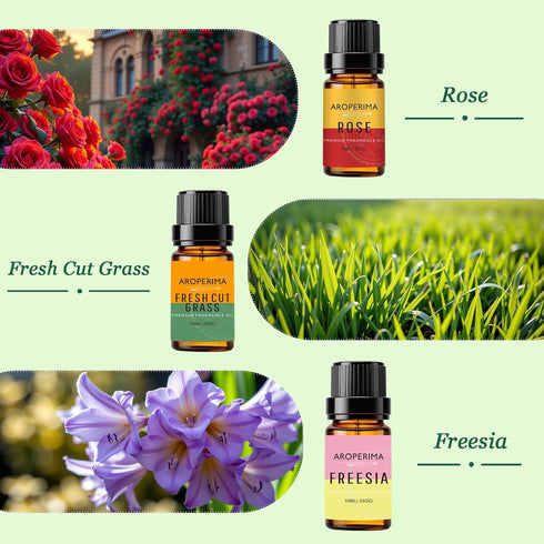 Set 6x10ML Spring Fragrance Essential Oil - Gardenia, Honeysuckle, Rain, Rose, Fresh Cut Grass, Freesia for Diffusers