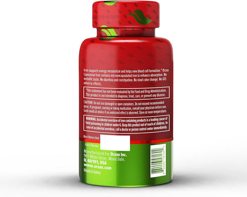 ORZAX Iron Supplement 25 mg - Liposomal Technology, 90 Vegetable Capsules for Women, Men, Adults, Non-GMO