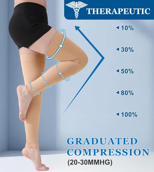 MGANG Thigh High Compression Stockings, 20-30 mmHg Graduated, Medical, Beige L for Men & Women