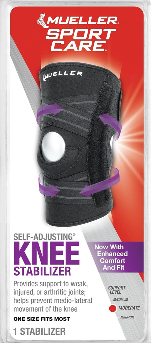 MUELLER Knee Stabilizer - Self Adjusting Support for Pain Relief, Ideal for Arthritis & Sprains, One Size, Black