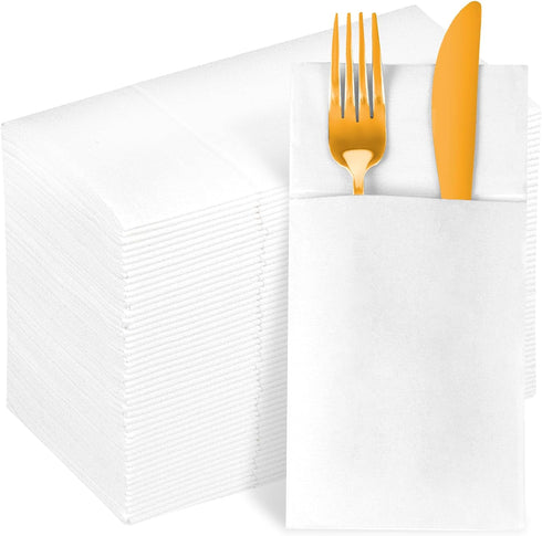 KAMMAK White Cloth Like Dinner Napkins, Disposable Thick Paper Napkins with Pre-Folded Silverware Pocket, 100 Pack