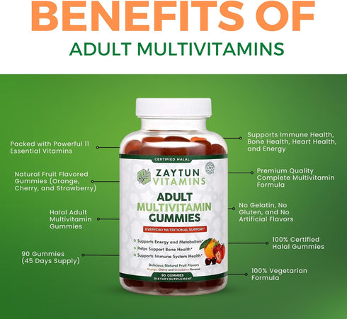 Halal Adult Multivitamin Gummies for Men, Women, Complete Nutritional Support with Biotin, Vegan, Natural Fruit
