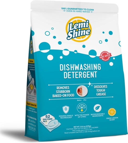 Lemi Shine Natural Dishwasher Pods | Eco Friendly All-In-One Powder & Gel Detergent Pods with Powerful Citric Acid (52