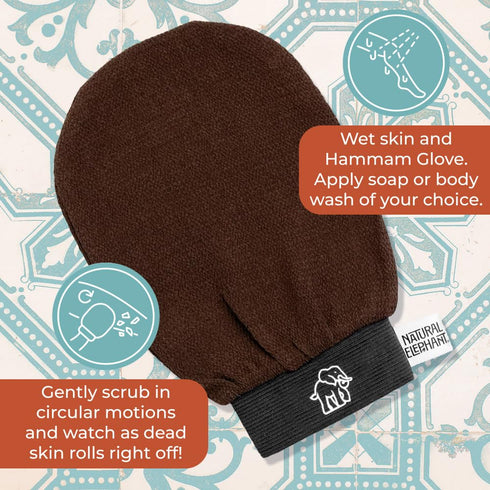 Natural Elephant Moroccan Black Soap 200g (7oz) with 2 Pack Exfoliating Hammam Glove Combo (Burnt Orange)