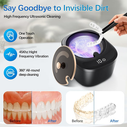 Ultrasonic Retainer Cleaner Machine - Raccomb 45kHz LED Light Ultrasonic Cleaner for Dentures, Aligner, Mouth Guard,