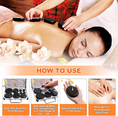 Primachen 9Pcs Set Hot Stones Massage Warmer Kit, Hot Stones Massage Portable Hot Stone with Heater, Hot Rocks Basalt