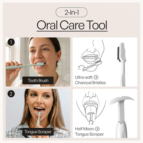 Pack 1) TOKII Tongue Scraper Cleaner Charcoal Bristles Toothbrush for Bad Breath with Waterproof Pouch for Travel