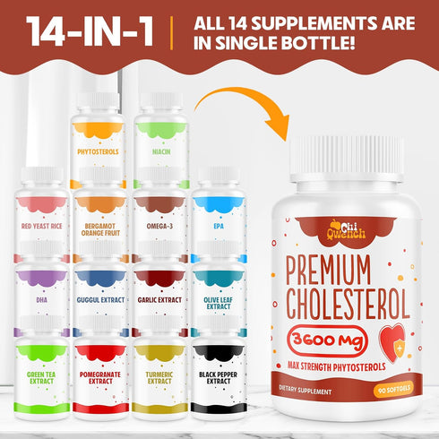 3600 MG Cholesterol Supplements - Plant Sterols, Niacin, Red Yeast Rice, 180 Softgels for Normal Cholesterol