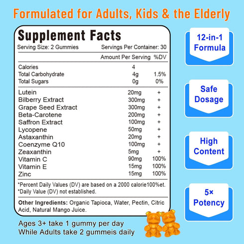 20mg Lutein & Zeaxanthin Gummies with Bilberry, Omega 3, Vitamin C, E - Sugar Free Eye Health Supplement for Adults &