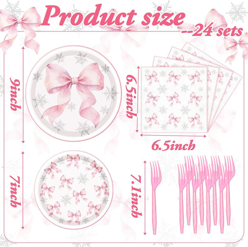 Havawish 96 Set 24 Pcs Pink Bow Snowflake Paper Plates Winter Wonderland Plates and Napkins It's Cold Outside Winter