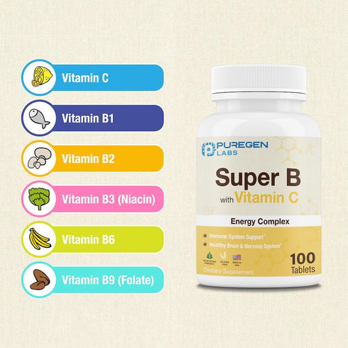 Puregen Labs Super B Energy Complex with Vitamin C | 100 Vegetarian Tablets | Immune Health, Energy & Nervous System