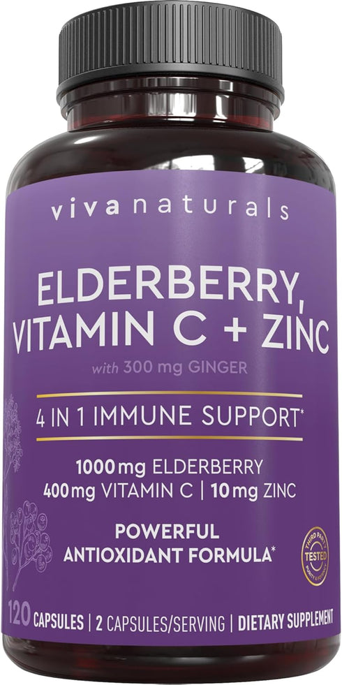 Viva Naturals 4-in-1 Daily Immune Support Supplement, 120 Capsules - 1000mg Sambucus Black Elderberry, Zinc, Vitamin C