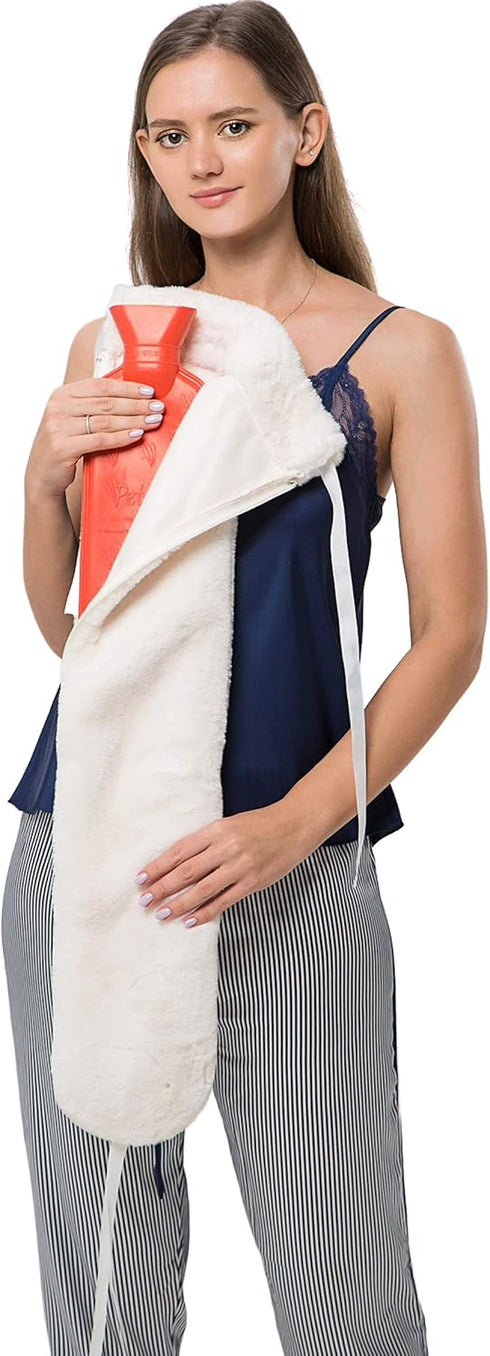 Peterpan Long Rubber Hot Water Bottle with Cover, BPA & Phthalates Free, Holds 90 Fl Oz, White