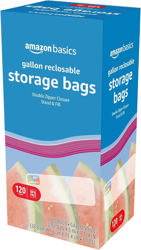 Amazon Basics Reclosable Gallon Food Storage Bags, Stand & Fill Base, 120 Count