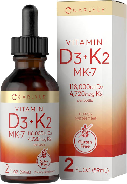Carlyle Vitamin D3 K2 Liquid | 2 Fl Oz | MK-7 Supplement | Vegetarian, Non-GMO, Gluten Free
