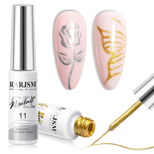 RARJSM Gel Liner Nail Art Polish Set, Silver Gold Glitter Nail Design, 2Pcs Soak Off Curing, 8ml