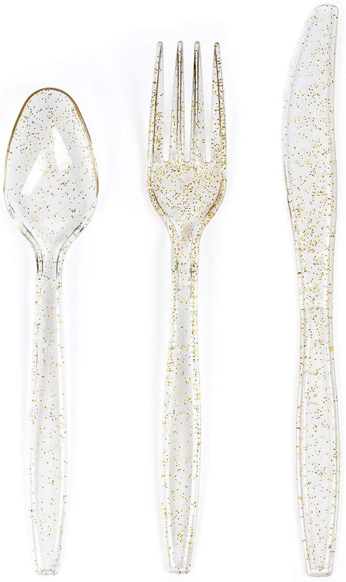 MATANA 150 pc Gold Plastic Silverware Set with Gold Glitter, Heavy Duty Clear Plastic Cutlery for Events