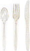 MATANA 150 pc Gold Plastic Silverware Set with Gold Glitter, Heavy Duty Clear Plastic Cutlery for Events