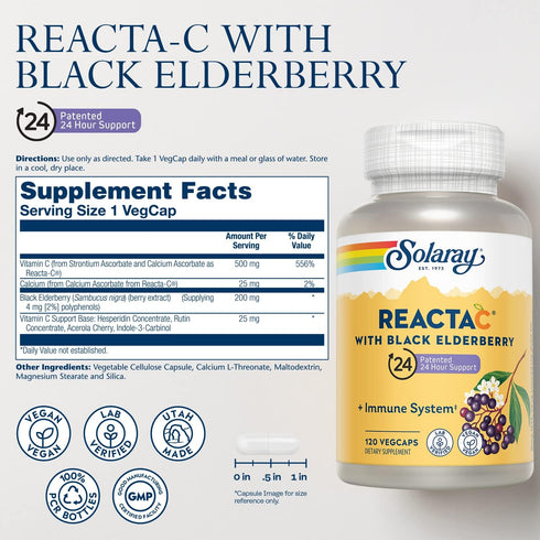 SOLARAY Reacta-C with 500mg Vitamin C, 200mg Sambucus Black Elderberry Extract, Immune Support, 120 Capsules