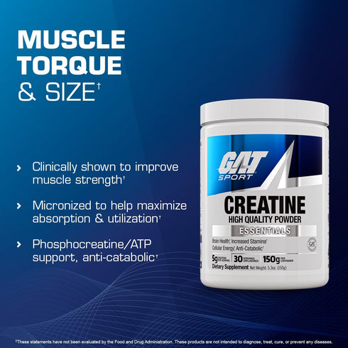 GAT SPORT Creatine Monohydrate Powder - Unflavored, 30 Servings for Strength, Endurance, Brain Health