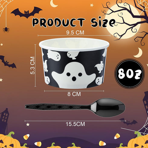 Ninehaoou 200 8oz Frozen Pcs Halloween Paper Ice Cream Cups Halloween Treat Snack Cups Ghost Skeleton Spooky Disposable