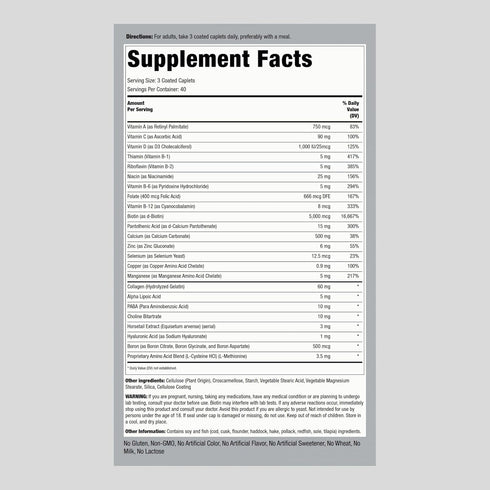 Piping Rock Hair Skin and Nails Vitamins | 120 Caplet Pills | 3000 mcg of Biotin | with Collagen | Multivitamin | Non-GMO, Gluten Free Supplement
