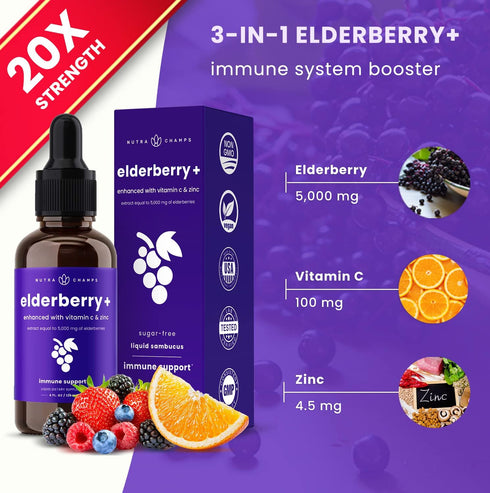NutraChamps Organic Elderberry Syrup, 5000mg Elderberry Extract with Vitamin C & Zinc, Sugar-Free Immunity Booster