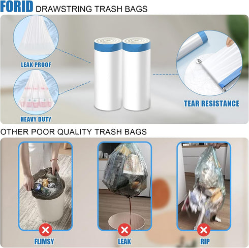 FORID Small Drawstring Trash Bags, 4 Gallon Plastic Garbage Bags, 60 Count, White Unscented Can Liners for Bathroom