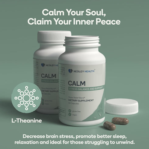 Calm - Natural Stress Relief & Mood Support Supplement with Ashwagandha, Lemon Balm, L-Theanine - 60 Vegan Capsules