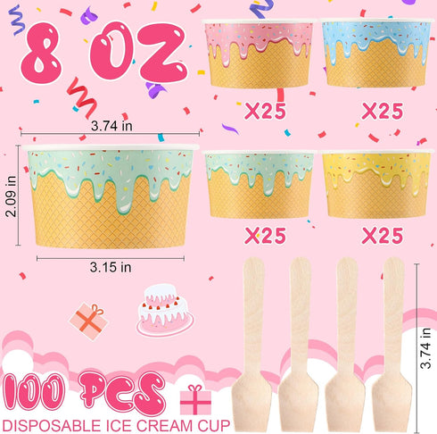 Ninehaoou 100 Pack 8 oz Frozen Paper Ice Cream Cups with Wooden Spoons, Disposable Dessert Bowls, Colorful Sundae Bar
