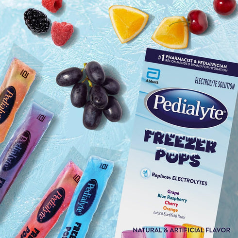Pack Pack 64 Pedialyte Electrolyte Solution Freezer Pops, Hydration Variety Grape, Blue Raspberry, Cherry, Orange