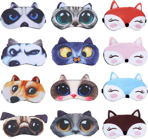 EBaokuup 12 Pack Animal Sleep Eye Mask, Soft Funny Blindfolds for Kids Girls Men Women Plane Travel Nap