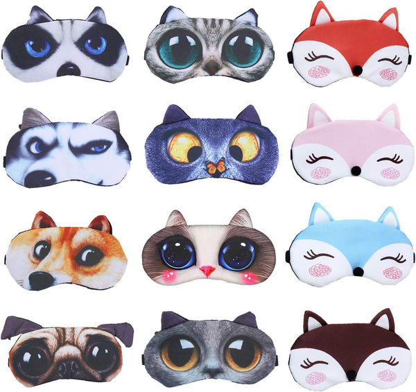 EBaokuup 12 Pack Animal Sleep Eye Mask, Soft Funny Blindfolds for Kids Girls Men Women Plane Travel Nap