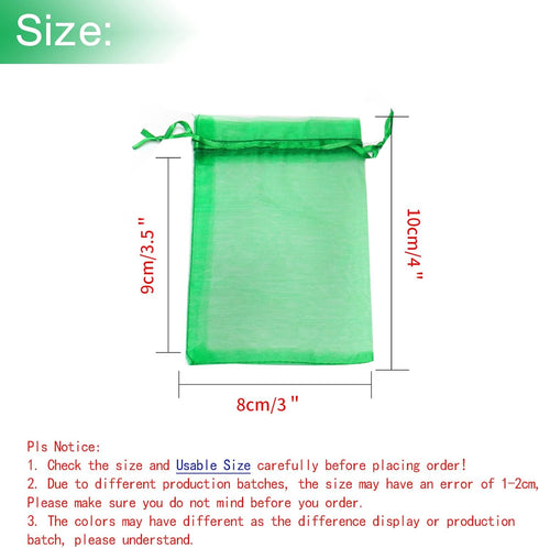 100Pcs 3x4 Inch Green Organza Bags with Drawstring, Small Mesh Jewelry Gift Pouches, Baby Shower Party Favor Bags