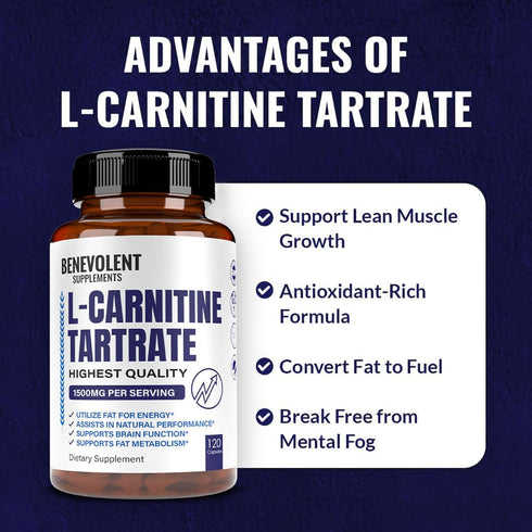 Premium L-Carnitine Tartrate Supplement, 1500mg for Energy, Lean Muscle Gain, 120 Non-GMO Capsules