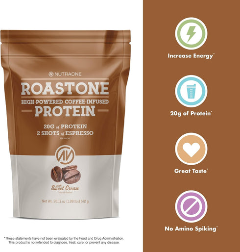 NutraOne RoastOne Coffee Protein Powder, Coffee Infused Whey Protein Powder for Energy & Focus, 160mg Caffeine and 20g