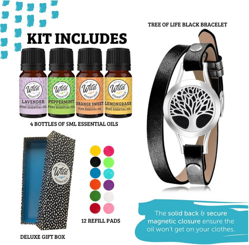 Set, 12 Wild Essentials Tree of Life Essential Oil Leather Wrap Bracelet Diffuser Kit, Gift Lavender, Lemongrass