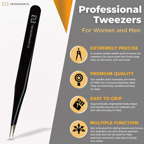 Tweezers For Ingrown Hair by The Razor Bump Co., Sharp Stainless Steel, Precision Splinter Remover