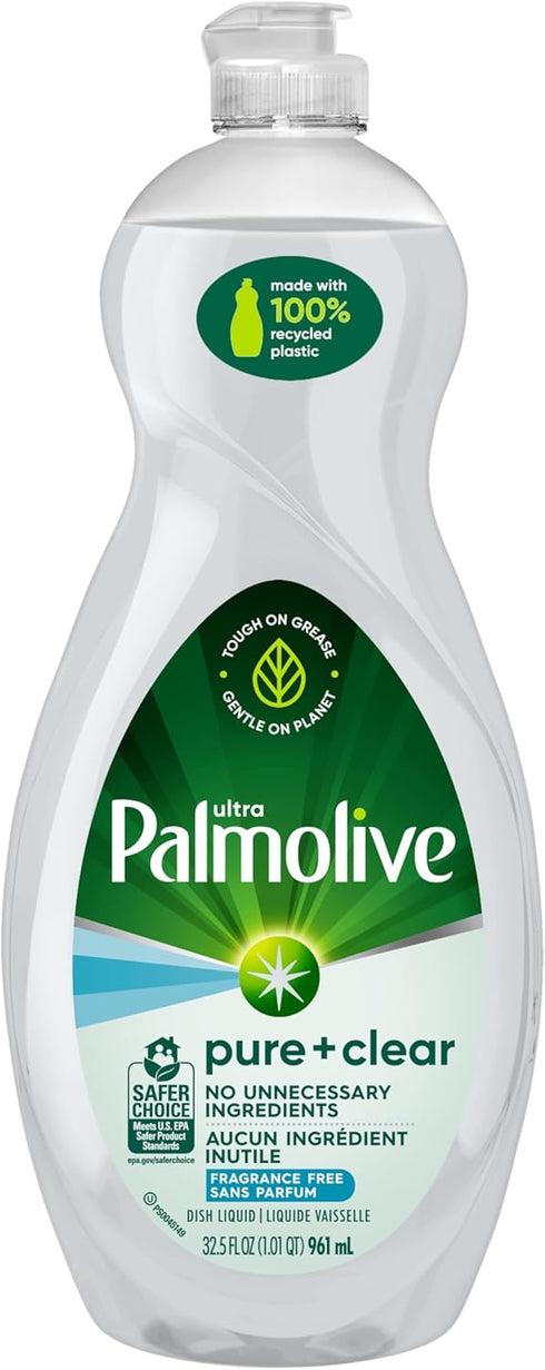 Palmolive Ultra Dishwashing Liquid Dish Soap, Pure + Clear Fragrance Free, 32.5 Fluid Ounce.