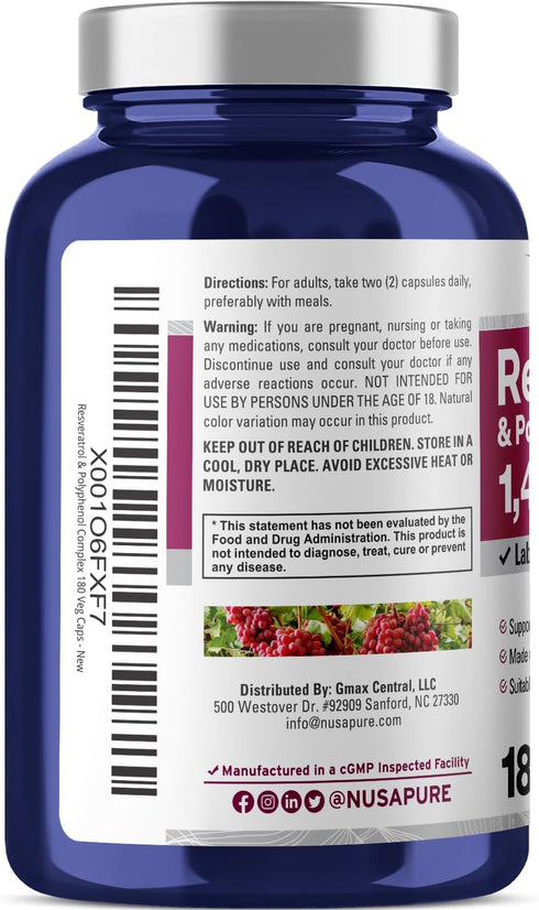 NusaPure Resveratrol & Polyphenol Complex, 1450mg - 180 Vegetarian Caps (Non-GMO, Vegan)