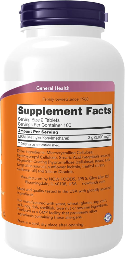 NOW Supplements, MSM (Methylsulfonylmethane) 1,500 mg, Supports Healthy Cartilage*, Joint Health*, 200 Tablets