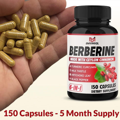 150 Capsules Berberine Supplement with Ceylon Cinnamon, Turmeric, Milk Thistle, Artichoke, and Black Pepper