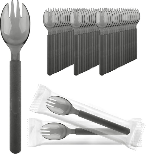 EUSOAR 50pcs Disposable Sporks, 6.8"x1.3" Heavy Duty Plastic Cutlery, Individually Wrapped Fork Spoon for Parties
