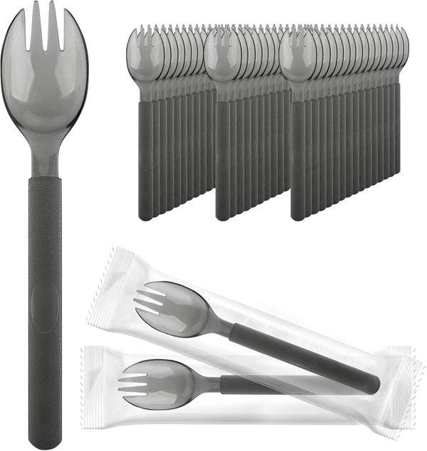 EUSOAR 50pcs Disposable Sporks, 6.8"x1.3" Heavy Duty Plastic Cutlery, Individually Wrapped Fork Spoon for Parties